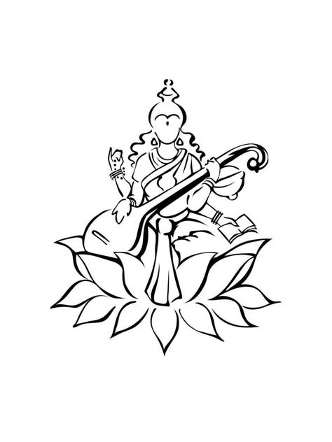 Sarasvati Ma Drawing, Saraswati Drawing Easy, Saraswati Tattoo, Saraswati Drawing, Sanjhi Art, God Books, Saraswati Painting, Goddess Of Knowledge, Indian Drawing