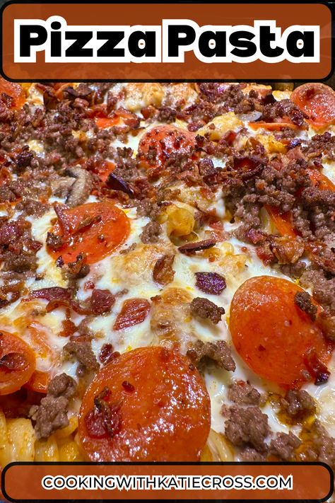 This Pizza Pasta is an easy and highly customizable delicious meal for all the pizza lovers out there! Pizza Pasta Skillet, Supreme Pizza Pasta Bake, Easy Pizza Pasta Bake, Pizza Pasta Bake Casserole, Pizza Bake Casserole, Pizza Hotdish, Supreme Pizza Pasta, Main Dish Meals, Pizza Macaroni