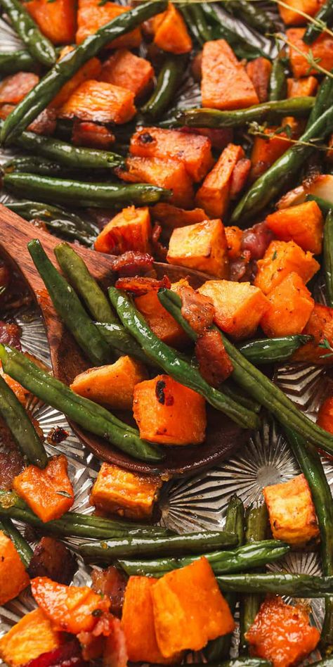 The Best Oven Roasted Sweet Potatoes is a simple side dish perfect for dinner! This sheet pan recipe is packed with so much flavor and so easy to make! It pairs well with chicken, pork, or beef making it an ideal addition to holiday dinner! Veggie Sweet Potato Recipes, Sweet Potato Chunks Recipes, Green Beans And Bacon, Beans And Bacon, Sweet Potato Dinner, Oven Roasted Sweet Potatoes, Potatoes Green Beans, Easy Vegetable Side Dishes, Pan Recipe