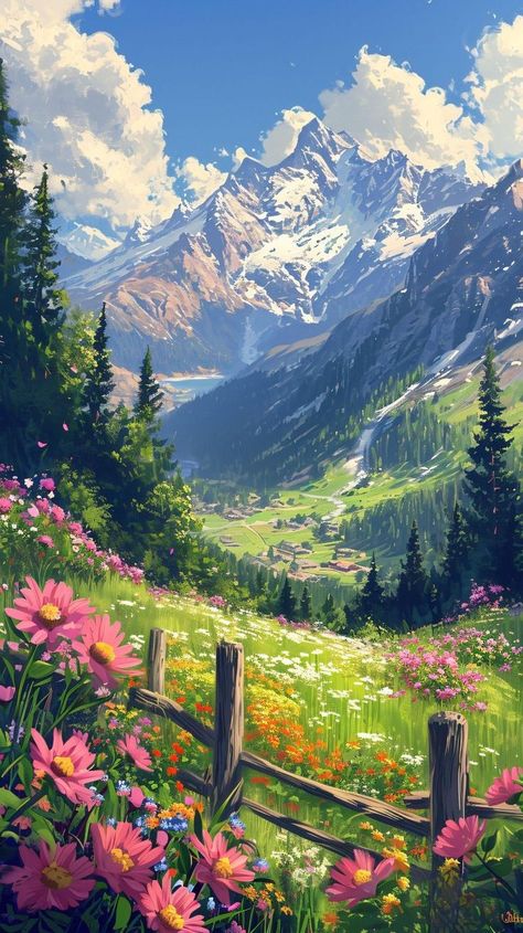 Flower Valley Painting, Dreamy Canvas Paintings, Dreamy Landscape Photography, Pretty Paintings, Istoria Artei, Dreamy Artwork, Landscape Beautiful, Dreamy Landscapes, Landscape Art Painting