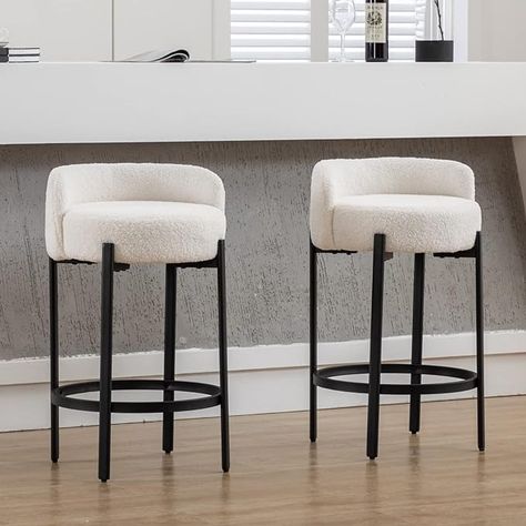 Amazon.com: LukeAlon Modern Sherpa Counter Height Stools Set of 2, Upholstered 26" Seat Height Barstools with Black Metal Legs Round Low Back Kitchen Stools with Footrest for Dining Room Small Places, White : Home & Kitchen Black And White Barstool, Boucle Bar Stool, Barstools Under $100, White Quartz Countertop Kitchen Table & Bar Stools, Bar Stools Kitchen Island Winfsor.back Ehite.at Bar, Back Kitchen, Island Stools, Coffee Room, Modern Counter Stools