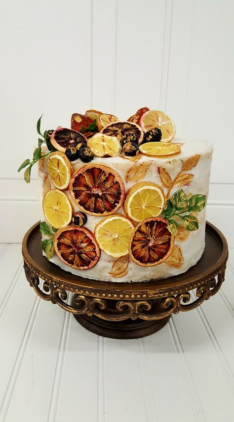 Semi-Naked Cake with dehydrated fruit, blood oranges, lemons, blueberries, blackberries, strawberries, hand painted.  by Love Is In The Air Events. www.loveisintheairevents.com Candied Fruit Cake Decoration, Dried Fruit On Cake, Cake Decorated With Oranges, Dehydrated Fruit Decorations, Dehydrated Fruit Decor, Cake With Dried Fruit, Natural Cakes, Savory Cakes, Cake Light