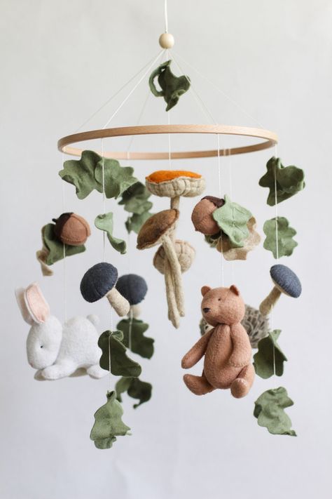 Baby Mobile Woodland Mushroom Baby Mobile - Etsy Woodland Baby Lamp, Nursery Forest Animals Theme, Wild Flower Nursery Woodland, Forest Baby Nursery Bed Bath & Beyond, Book Themed Nursery Forest, Trees Baby Nursery, Woodland Forest Themes Boys, Wild Forest Baby Room, Olive Green Nursery Boy Forest