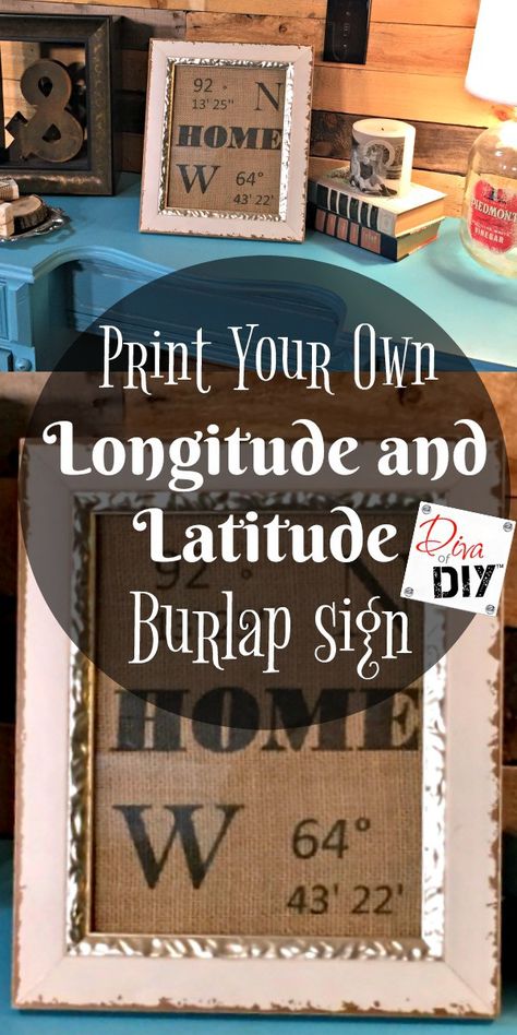 Longitude and Latitude signs are all the rage! Make these DIY homemade signs by printing on burlap from your home printer! Wedding Gifts or Christmas Gifts! Diy Burlap Signs, Latitude Longitude Sign, Vintage Crates, Homemade Wedding Gifts, Burlap Signs, Homemade Signs, Crafty Decor, Burlap Projects, Crafts For Teens To Make