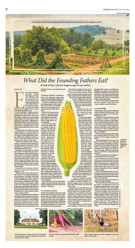 What Did the Founding Fathers Eat?｜The Epoch Times #Food #GeorgeWashington #newspaper #editorialdesign Newspaper Infographic, Food Newspaper, Tabloid Design, Newspaper Ideas, Newspaper Design Layout, Food Collage, Brochure Design Layouts, 잡지 레이아웃, Newspaper Layout