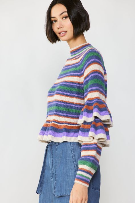 Striped Tiered Sleeve Sweater - PURPLE GREEN / L How To Fold Sweaters, Boho Style Inspiration, Tiered Sleeve, Aesthetic Sweaters, Mockneck Sweater, Everyday People, Cozy Knit Sweater, Mom Stuff, Style Aesthetic