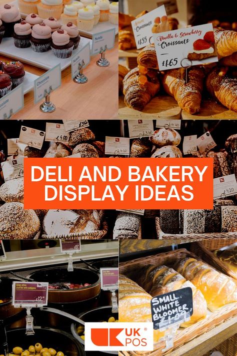 Food label holders and other bakery display ideas and signage options Bake Shop Interior Design, Bakery Case Display, Deli Shop Ideas, Deli Ideas Business, Deli Display Ideas, Bakery Case Display Ideas, Deli Counter Display Ideas, Diy Bakery Display Case, Pastry Display Ideas