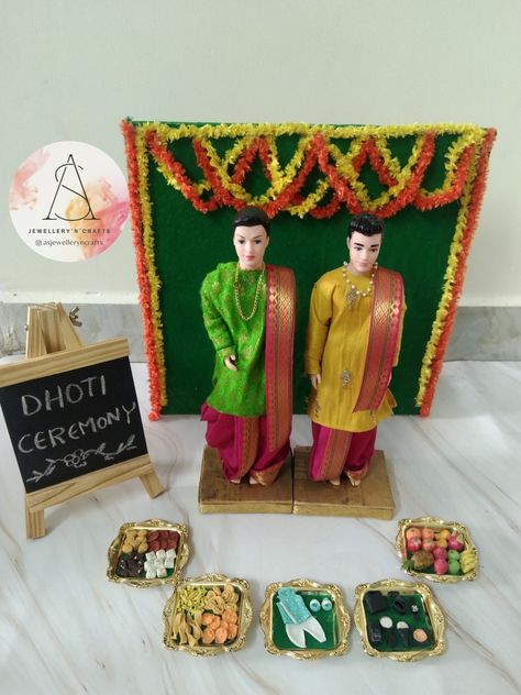 Dhothi Function Decoration Ideas, Dhoti Function For Boys, Dhoti Ceremony For Boys, Dhoti Function, Dhoti Ceremony, Gauri Decoration, Birthday Decorations At Home, Miniature Plates, Wedding Doll