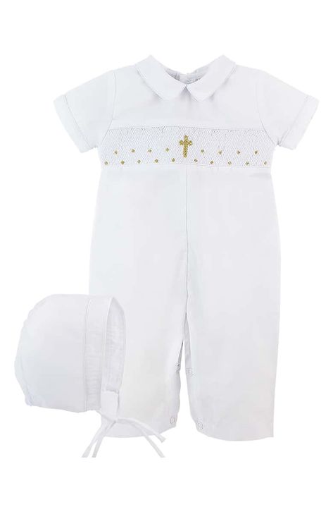 A gold cross shimmers on the hand-smocked yoke of a sweet christening romper featuring a Peter Pan collar and matching bonnet. Weekend Recipes, Boy Baptism Outfit, Blessing Dress, Baptism Outfit, Baby Swag, Boy Christening, Boys Style, Boy Baptism, Hand Smock