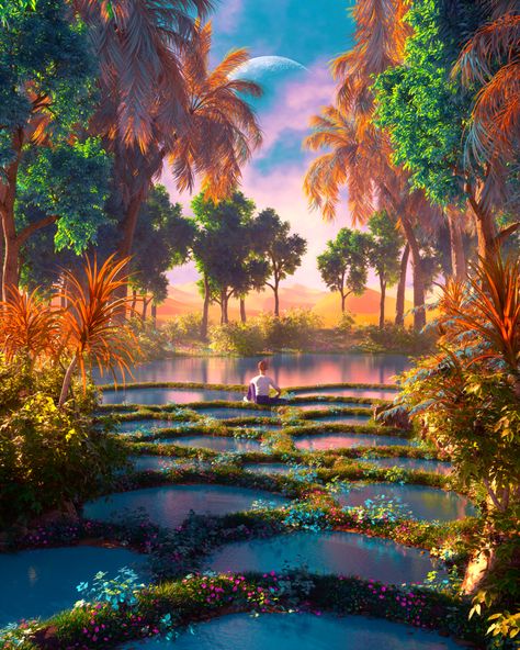 Tropical Kingdom Fantasy Art, Fantasy Oasis Art, Oasis City Fantasy Art, Paradise Fantasy Art, Oasis Fantasy Art, Tropical Fantasy Art, Oasis Concept Art, Fantasy Island Art, Fantasy World Landscapes