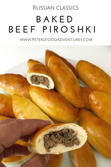 Baked Not Fried! A Classic Russian Meat Pie Stuffed with Ground Beef. Baked Beef Piroshki (Пирожки в духовке с мясом) Baked Piroshki Recipe, Pirozhki Recipe, Piroshky Recipe, Meat Bun, Eastern European Recipes, Ukrainian Recipes, Meat Pie, European Food, Russian Recipes