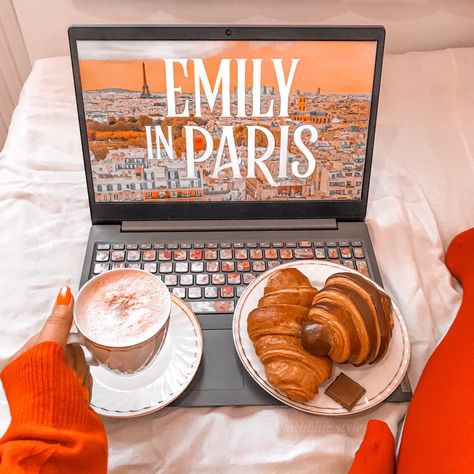 Emily in paris photography design decoration coffee yummy french food fall mood Watching Series In Bed Aesthetic, Laptop Series Aesthetic, Watching Series Aesthetic Laptop, Scared Wallpaper, France Croissant, Emily In Paris Aesthetic, Croissant Coffee, Emily In Paris Outfits, Coffee Instagram