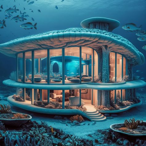 A stunning photo of an underwater aquatic architecture-style home, featuring glass walls that provide a panoramic view of the marine life outside. The architectural design seamlessly integrates with the surrounding ocean environment, featuring a coral-like exterior, blue-lit interior, and a variety of marine plants and corals. The home is surrounded by a vibrant coral reef, with schools of fish swimming gracefully around the property. The overall atmosphere is serene and inviting. Aquatic Architecture, Underwater Home, Ocean Environment, Schools Of Fish, Fantasy Short Stories, Underwater House, Island Homes, Speculative Design, Dream Bedroom Inspiration