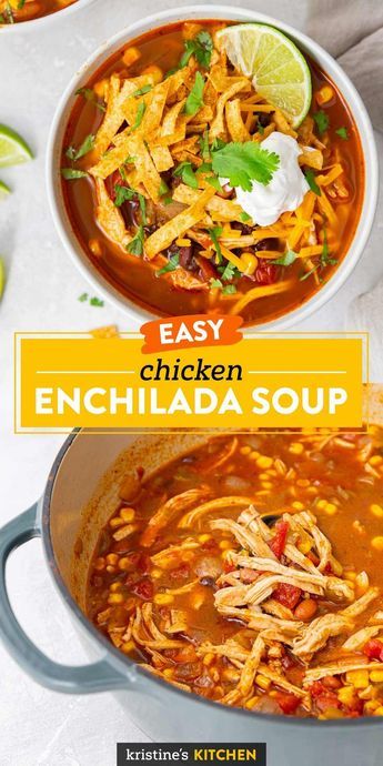 Hearty and flavorful Chicken Enchilada Soup! This easy soup recipe has shredded chicken breast, beans, corn and enchilada sauce. Load up a bowl with your favorite toppings and enjoy for lunch or dinner. Slow cooker and Instant Pot instructions included. Chicken Enchilada Soup Zupas, Quick And Easy Soup Recipes For Two, Chicken Enchilada Soup Crockpot Recipes, Chicken Enchiladas Soup Easy, Chicken And Enchilada Sauce Recipes, Things To Make With Enchilada Sauce, How To Use Enchilada Sauce, Easy Crockpot Chicken Enchilada Soup, Shredded Chicken Enchilada Soup