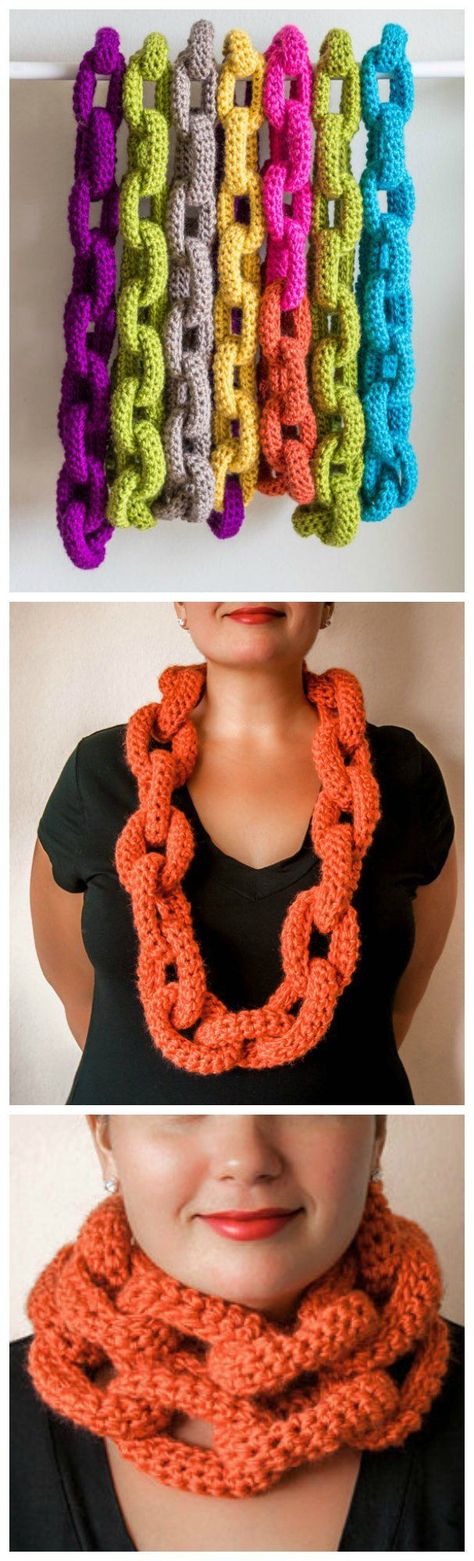 Crochet pattern for this chain link scarf or cowl. Crochet Chain Link, Valkyrie Design, Unique Crochet Scarf, Chain Link Scarf, Crochet Chain Scarf, Crochet Scarf Patterns, Spiked Collar, Knitting Crafts, Collar Scarf