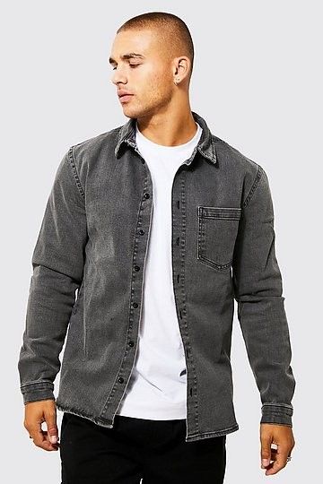 Chunky White Sneakers, Denim Shirt Outfit, Double Denim Looks, Jean Shirt, Long Sleeve Denim Shirt, Denim Shirt Men, Denim Shirts, Double Denim, Men Shirt Style