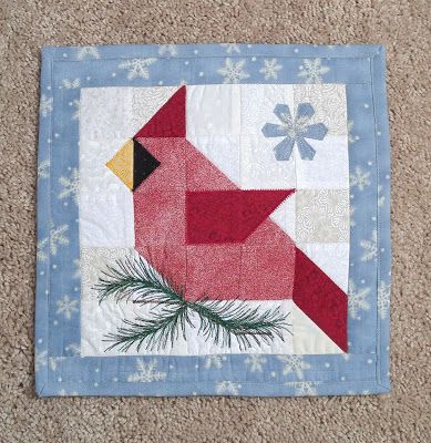 Cardinal mini quilt Seasonal Mini Quilts, Cardinal Quilt Pattern, Winter Quilt Blocks Free Pattern, Cardinal Quilt Block Pattern Free, Winter Quilt Blocks, Mini Quilts Patterns Free Wall Hangings, Cardinal Quilt Block Pattern, Cardinal Quilts, Cardinal Quilt Block