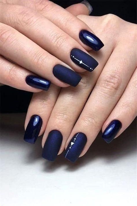 Square Shaped Navy Blue Manicure With Metallic & Shine Navy Blue Nail Designs, Dark Blue Nail, Blue Manicure, Geometric Nails, Geometric Aesthetic, Navy Nails, Navy Blue Nails, Wedding Nails Glitter, Geometric Nail Art