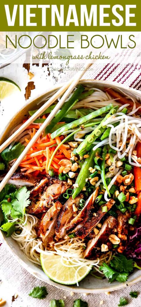 Vietnamese Noodles with Lemongrass Chicken and the BEST dressing! Lemongrass Chicken Noodle Bowl, Vietnamese Bowl Recipes, Lemongrass Noodle Bowl, Vietnamese Grilled Chicken Vermicelli, Vietnamese Chicken Noodle Bowl, Vermicelli Bowl Chicken, Korean Noodle Bowl, Vietnamese Lunch Ideas, Dinner Recipes Vietnamese