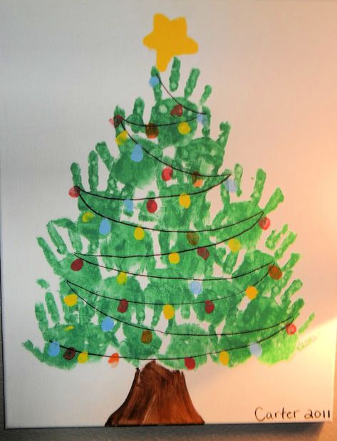 Easy Kids Christmas, Family Hands, Hand Print Tree, Handprint Christmas Tree, Kids Christmas Crafts Easy, Handprint Christmas, Christmas Crafts For Toddlers, Christmas Paintings On Canvas, Christmas Tree Crafts