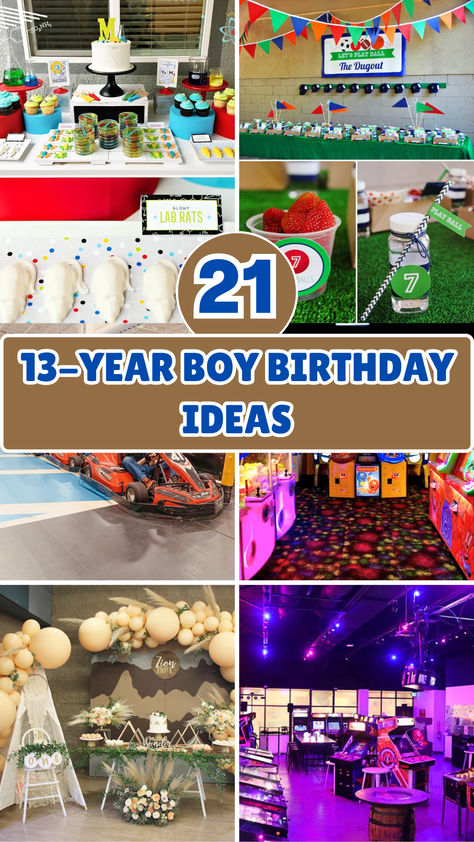 Looking for awesome ways to celebrate a 13-year-old boy's birthday? Check out these 21 fun and cool ideas! From outdoor adventures to creative themes, find the perfect inspiration to make his day unforgettable. Easy and exciting plans to make turning 13 a blast! 13th Birthday Party Ideas For Boys Theme, 13th Boy Birthday Party Ideas, 12 Year Birthday Party Ideas Boy, 13 Boy Birthday Ideas, 12 Year Boy Birthday Party Ideas, Boys 11th Birthday Party Ideas, Teen Boys Birthday Party Ideas, 12th Birthday Party Ideas For Boys, Boy 13th Birthday Ideas