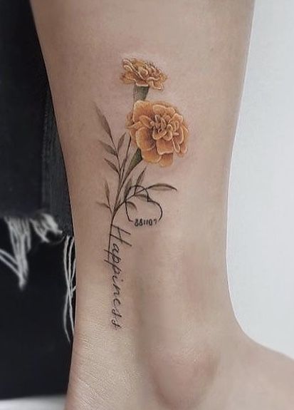 Isabelle Tattoo, Mum Flowers Tattoo, Marigold Tattoo Design, Poppy Tattoo Ideas, Mum Tattoos, Boo Tattoo, Marigold Flower Tattoo, Poppy Tattoos, Marigold Tattoo