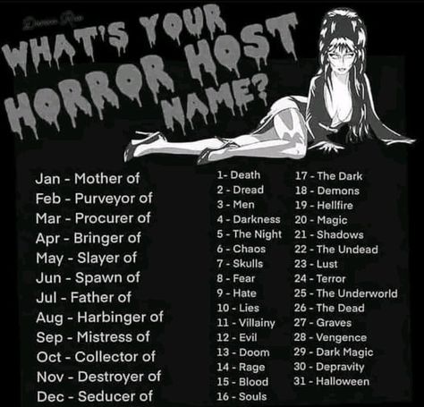 💀👇Post your Horror Host Name below.👇💀 Display Names, Halloween Memes, Story Starters, The Underworld, Rock Groups, Underworld, I Don T Know, Words Quotes, The Darkest