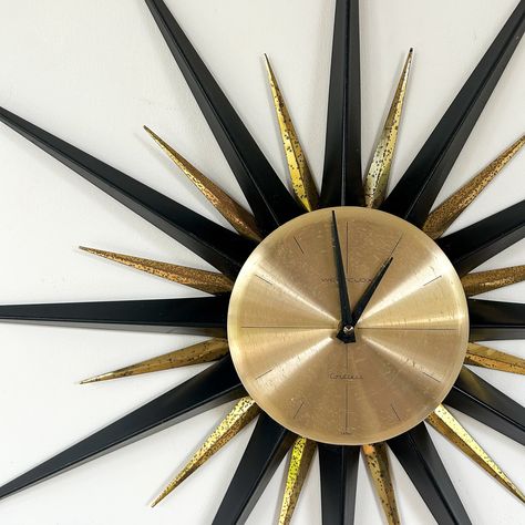 Beautiful Japanese starburst clock by Westclox. Brand new German quartz movement. A must-have piece for any Mid Century home. Mid Century Starburst, Starburst Clock, Mid Century Home, Metal Spikes, Century Home, Hey Jude, Vintage Objects, Black And Brass, Vintage Clock