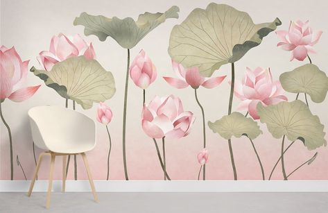 Lotus Wall Design, Lotus Mural Wall Art, Lotus Wall Mural, Lotus Mural Painting, Lotus On Wall, Lotus Painting On Wall, Lotus Wall Painting, New Design Wallpaper, Latest Wallpaper Designs