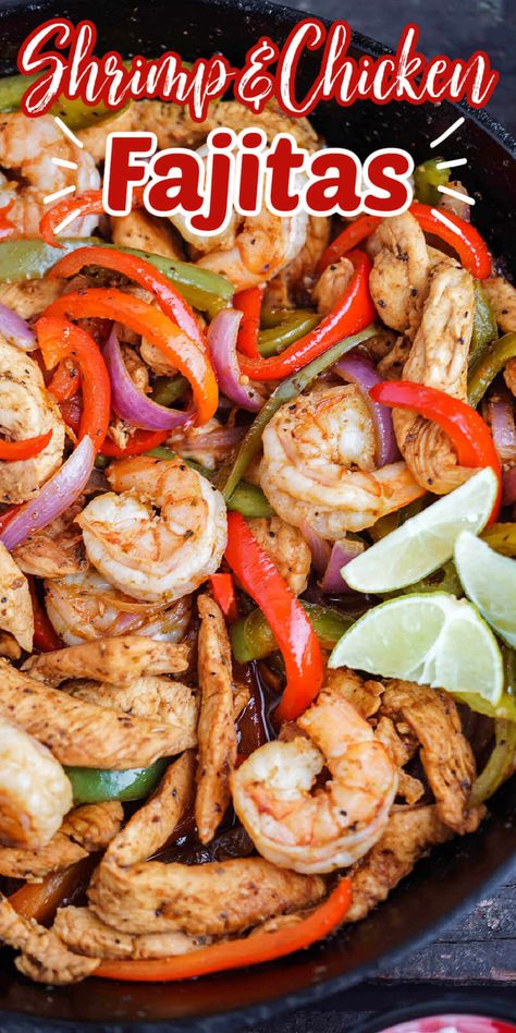 Chicken And Shrimp Fajitas Oven, Sheet Pan Fajitas Chicken And Shrimp, Chicken An Shrimp Recipes Dinners, Steak Chicken And Shrimp Fajitas Recipe, Shrimp Fajitas Marinade, Crockpot Shrimp Fajitas, Blackstone Chicken And Shrimp, Chicken And Shrimp Fajitas Recipes, Shrimp Fajitas On Blackstone Griddle