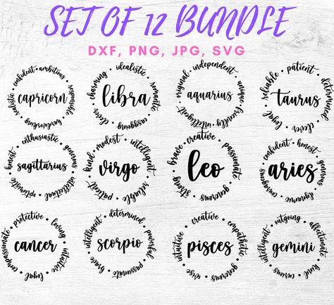 Set of 12 Horoscopes, Zodiac Sign, Horoscope Bundle, Horoscope Signs with traits, cute zodiac sign designs, svg, dxf, svg files from cricut by NRCDesign on Etsy Cricut Tricks, Astrology Love Compatibility, Etsy Tshirt, Astrology Signs Compatibility, Astrology Signs Dates, Cute Zodiac, Zodiac Compatibility Chart, Zodiac Svg, Zodiac Sign Designs