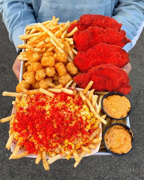 HOT CHEETOS?!? 🔥😱 Hot Cheetos Chicken Strips, French Fries, Tater Tots & Hot Cheetos Elote Fries!🔥🐔🍟 Follow @hungryhugh for more food! 🙌🏼… Different Types Of Food, Hot Cheetos, Junk Food Snacks, Food Babe, Spicy Food, Yummy Comfort Food, Weird Food, Delicious Snacks Recipes, Food Goals