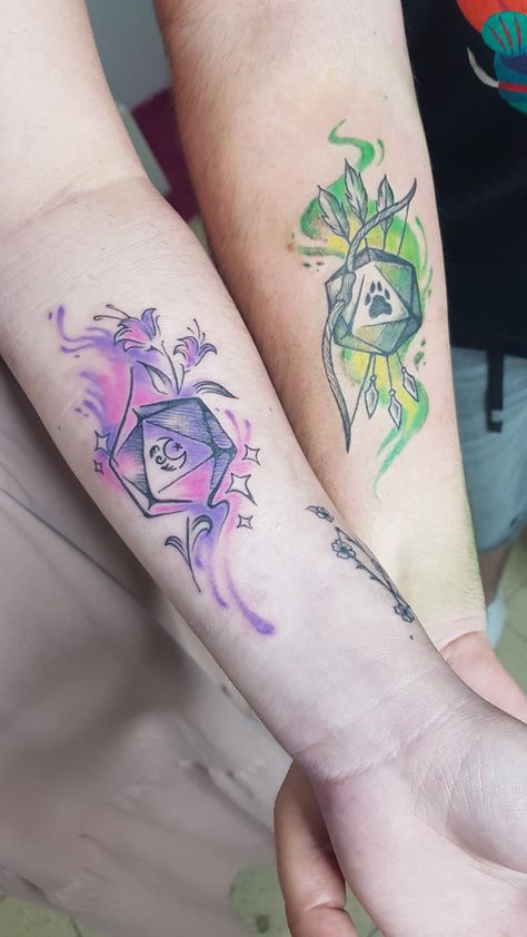 D&D inspired tattoos Dnd Couple Tattoos, Gaming Tatoos Ideas, D20 Tattoo Design, Dnd Dice Tattoo Design, Dnd Tattoo Sleeve, Dnd Inspired Tattoos, Dnd Tatoos Ideas, D&d Dice Tattoo, D20 Dice Tattoo