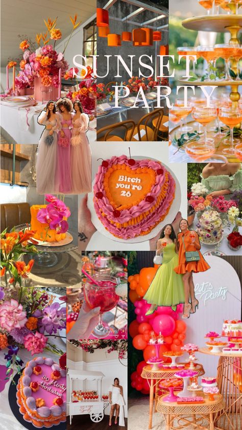 A collage of party essentials inspired by the colours of the sunset. Sunset Birthday Party, 26 Cake, 30th Birthday Weekend, 30th Birthday Party Themes, 50 Birthday Party, Sunset Party, 21 Diner, 45th Birthday, 50 Birthday