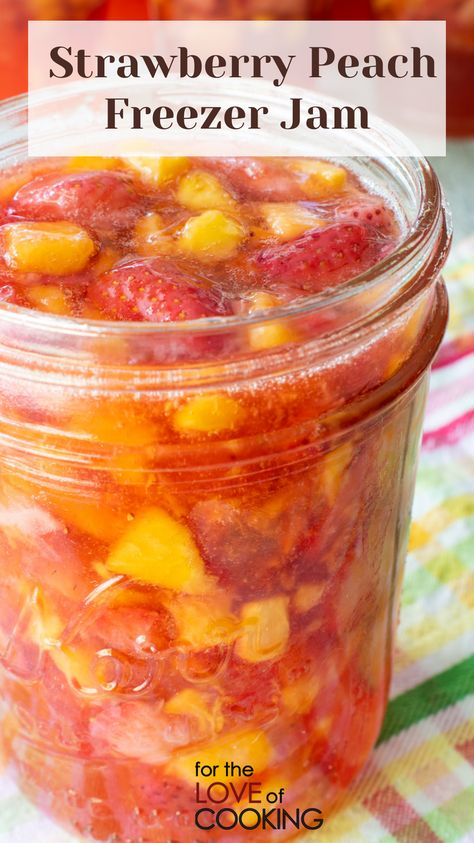 Strawberry Peach Freezer Jam, Peach Freezer Recipes, Fresh Peach Jam Recipe, Freezer Jams And Jelly Recipes, Freezer Peaches, Freezer Jam Strawberry, Peach Freezer Jam Recipe, Strawberry Peach Jam, Freezer Jams