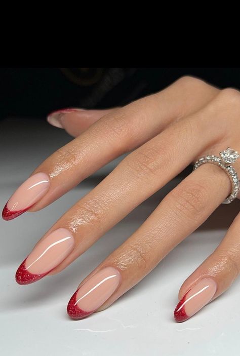 French Red Nails Christmas, Red French Tip Sparkle, Red Glitter Tips Acrylic Nails, Christmas 24 Nails, Christmas Red French Tip Nails Almond, Red French Tip With Gold Line, Red Nails With Red French Tip, French Red Christmas Nails, Red Sparkly Almond Nails