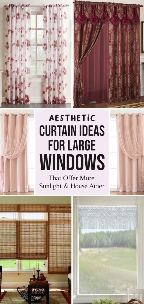 Curtain Ideas Big Window, Thick Curtains Living Room, Huge Windows Living Room Curtains, Large Window Curtain Ideas, Loft Windows Ideas Curtains, Window With Curtains Aesthetic, Large Windows Aesthetic, Curtain Ideas For Large Windows, Large Window Treatments Living Rooms