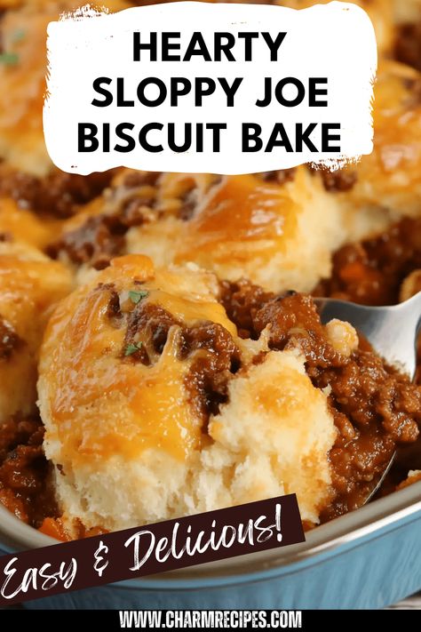 Indulge in a deliciously comforting dish with this Sloppy Joe Biscuit Casserole. Loaded with seasoned sloppy joe meat and crowned with fluffy biscuit dough, each slice offers a warm, savory bite. It's perfect for a weeknight family dinner or a simple gathering with friends. This one-pan baked meal brings together flavors kids love while keeping preparation easy and clean-up minimal. Serve hot and enjoy a scrumptious tuck-in for your busy evenings. Try making this casserole with a twist by adding some cheese for extra richness! Hamburger Meat Recipes With Biscuits, Biscuit Ground Beef Recipe, Dinner With Biscuits Ideas, Sloppy Joes Biscuits, Soft Biscuits, Biscuit Recipes Dinner, Pillsbury Biscuit Recipes, Biscuit Casserole, Sloppy Joes Easy