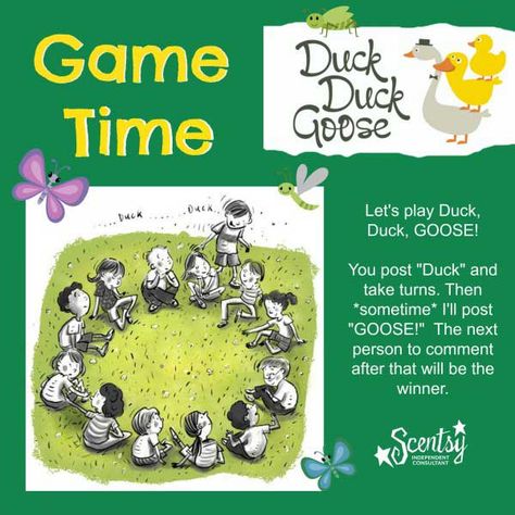 Duck Duck Goose Facebook Party Game~~wanna play? Book a Facebook party. Shopwithbrittany.scentsy.us Scentsy Party Games, Facebook Party Games, Scentsy Games, Scentsy Facebook Party, Online Party Games, Scentsy Facebook, Group Games For Kids, Facebook Games, Goose Game