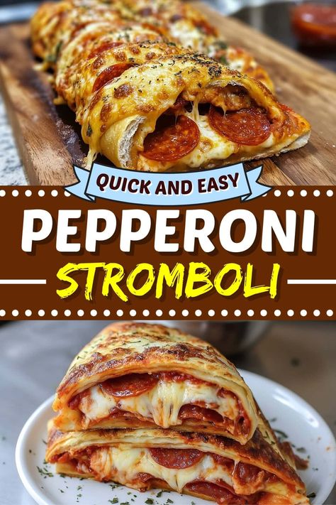 This pepperoni stromboli is perfect for game day! It's loaded with savory pepperoni, melty mozzarella, and a flavor-packed egg mixture, all rolled into a golden-brown crust. Meals With Pepperoni, Easy Stromboli With Pizza Dough, Stromboli Filling Ideas, Stromboli With Pizza Dough, Pepperoni Stromboli, Easy Stromboli, Stromboli Recipe Easy, Homemade Pepperoni, Pepperoni Pizza Rolls