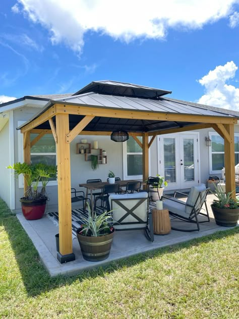 Paver Patio Ideas With Gazebo, Gazebo Porch Addition, Patio Furniture Under Gazebo, Simple Backyard Gazebo, Gazebo Placement In Yard, Outdoor Dining Table Under Gazebo, Backyard Pergola Ideas Patio Design Gazebo, Pergola Patio With Roof, Backyard Patio Addition