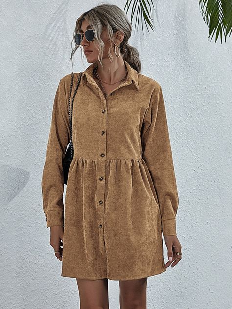 Vestido Shein, Corduroy Shirt Dress, Shirt Dress Outfit, Fall Winter Wardrobe, Belted Shirt Dress, Plain Shirts, Pakistani Outfits, Button Front Shirt, Smock Dress