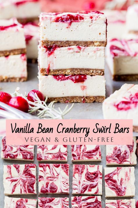 These Vanilla Bean Cranberry Swirl Bars are dairy-free, vegan, and gluten-free! You can use leftover cranberry sauce for the cranberry swirl. Vegan Cranberry Cheesecake, Dairy Free Bars Recipes, Gluten Free Dairy Free Holiday Desserts, Dairy And Gluten Free Thanksgiving, Dairy Free Gluten Free Christmas Appetizers, Vegan Gluten Free Desserts Christmas, Vegan Cranberry Dessert, Gluten Free Cranberry Recipes, Vegan Gluten Free Holiday Recipes