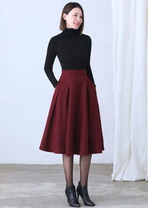 Wool Skirt, Red Midi Wool Skirt, A Line Wool Skirt, High Waist Wool Skirt With Pockets, Womens Skirt, Winter Wool Skirt, Ylistyle C2635 - Etsy Winter Wool Skirt, Midi Wool Skirt, Skirt Winter, Skirt A Line, Polished Casual, Box Pleat Skirt, Maxi Rok, Red Midi, Skirt High Waist