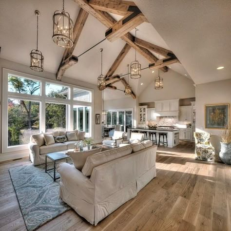 Kitchen Ceilings, Vaulted Ceiling Living Room, Light Hardwood Floors, Modern Farmhouse Kitchens, Rustic Living, Farmhouse Lighting, Living Room Flooring, Decoration Inspiration, Room Remodeling