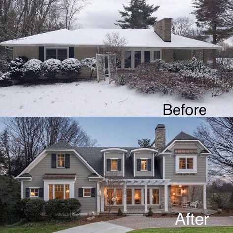 Before & After shout out to @livingstoneconst !! #remodel #remodeling #reno #renovation #renovations #homereno #homerenovation… Second Storey Addition, Add Second Story To Ranch, Bungalow Addition, Ranch House Additions, Second Story Addition, House Additions, Ranch House Remodel, House Makeovers, Ranch Remodel