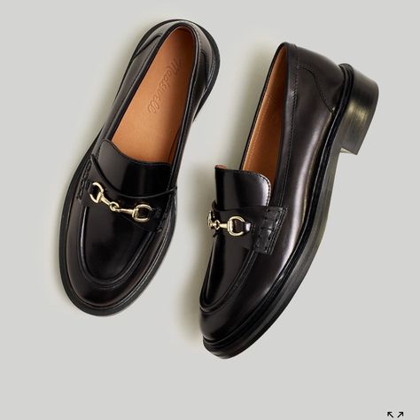 A New Take On A Classic, These Leather Loafers Make A Statement With Their Shiny Bit Hardware And Stacked Heel. And, Cushiness Alert: Our Mwl Cloudlift Lite Padding Feels Like Walking On A...Well, You Know. When You Select Your Size, "H" Equals A Half Size. Leather Upper. Leather Lining. Man-Made Sole. Imported. Select Stores. Item Nn868 Madewell Loafers, Classy Yet Trendy, Best Walking Shoes, Madewell Shoes, Black Leather Loafers, Black Loafers, French Fashion, Fashion Essentials, Womens Oxfords