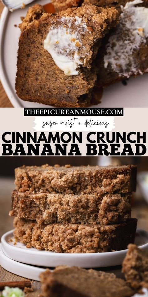 Cinnamon crunch banana bread is loaded with overripe, mashed bananas which makes it incredibly moist and full of delicious banana flavor. I generously top this banana bread with a rich, buttery and sweet cinnamon crumble. Perfect for breakfast, afternoon tea or dessert. Cinnamon Crumble Banana Bread, Overripe Banana Recipes, Cinnamon Crunch Banana Bread, Cinnamon Banana Bread, Cinnamon Crumble, Cinnamon Crunch, Banana Nut Bread, Nut Bread, Bread Recipes Sweet