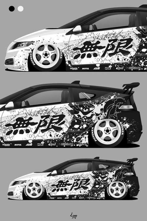 Livery Design for the Honda CR-Z. Mugen is the main sponsor. Everything is monochrome - not a hint of colour in sight. Incredibly intricate paint splashes cover the side of the vehicle, creating a Livery that functions as an art piece even more so than a Livery. Designed by Livery Magic. Drift Cars Livery, Racing Cars Design, Car Livery Ideas, Car Wrap Design Ideas Graphic Designers, Jdm Livery, Car Livery Design, Livery Car, Car Vinyl Graphics, Wrapping Car