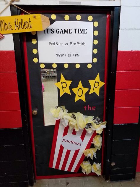 Classroom door decoration - Homecoming football game - pop the panthers Homecoming Office Decorations, Hoco Football Door Ideas, Homecoming Door Decorations High School Football, Football Door Decorations, Football Themed Door Decorations, Homecoming Door Ideas Football, Homecoming Classroom Door, Homecoming Door Decorations High School, Spirit Door Decorations